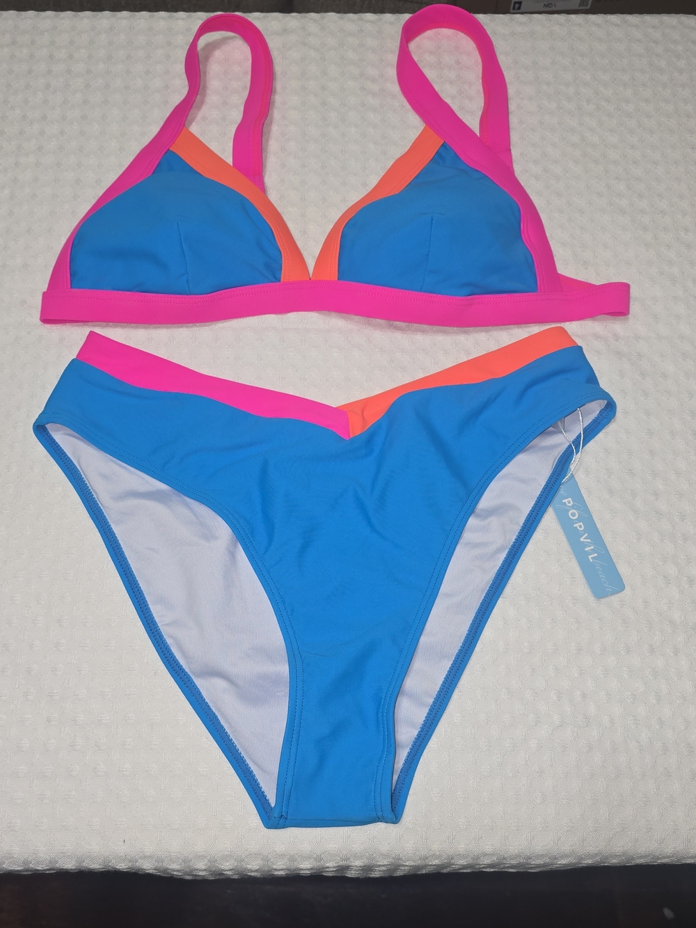 POPVIL TRIANGLE COLOR BLOCK BIKINI SET VIBRANT BLUE PINK ORANGE WOMENS MED NWT